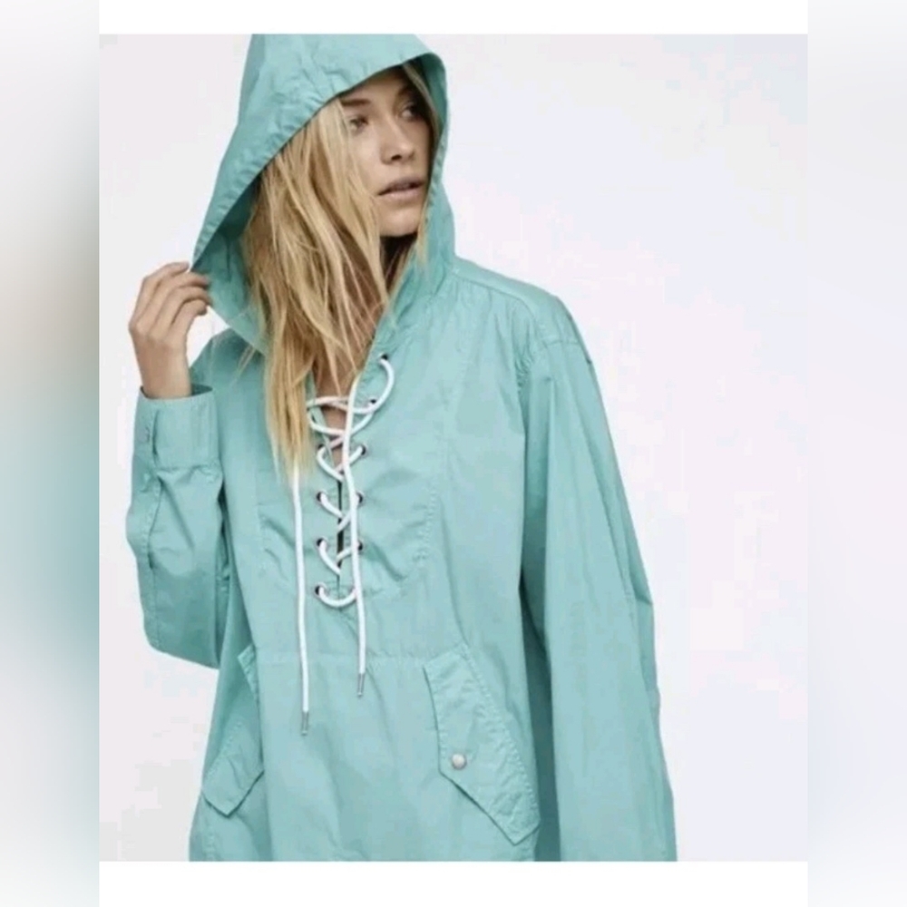 Free People Poplin Lace Up Hooded Jacket Dress In Aqua Size XS/S